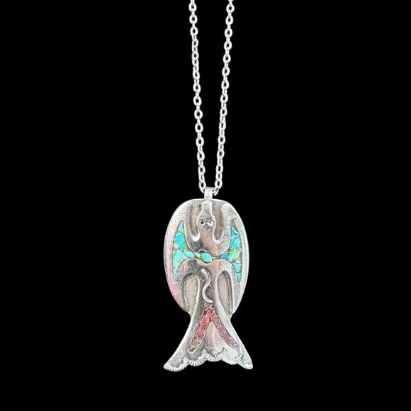 Nickel Silver Peyote Bird Pendant Necklace Turquoise Coral Inlay Southwestern - Picture 1 of 6
